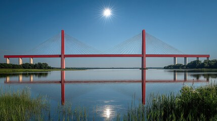 Fototapeta premium Red cable-stayed bridge over calm river, perfect reflection, bright sunny day.