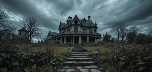 Obraz premium A large, gothic mansion stands ominously under a sky filled with dark clouds. Overgrown plants surround the stone pathway leading to its grand entrance, adding to the haunting atmosphere