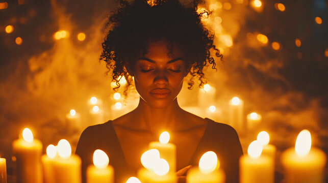 A person surrounded by candlelight, meditating with eyes closed, radiating peace and serenity in a calm environment.