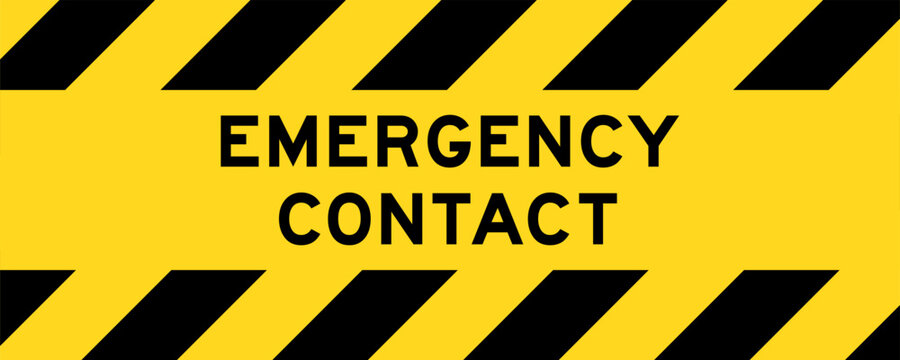 Yellow and black color with line striped label banner with word emergency contact