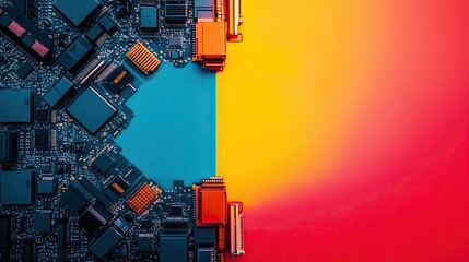 A close-up view of a colorful circuit board, featuring vibrant blue and orange components against a gradient background.