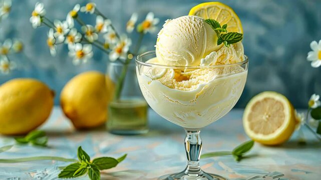 Limoncello liqueur and ice cream in a glass. Selective focus. food.