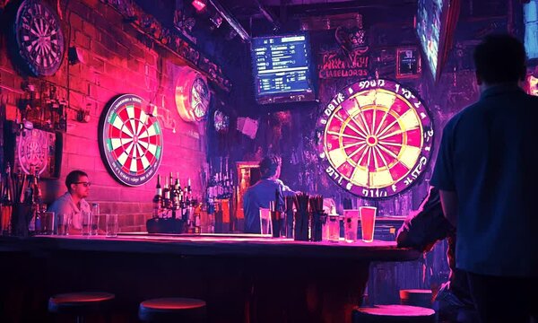A vibrant bar scene featuring patrons playing darts with colorful neon lighting.