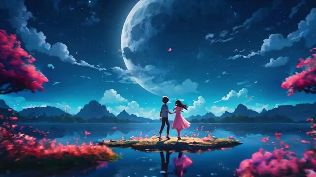 A boy and girl dancing on a magical floating island with glowing flowers and a full moon above them, 2d flat anime-style illustration, 4k lofi hip-hop bites landscape music animation video