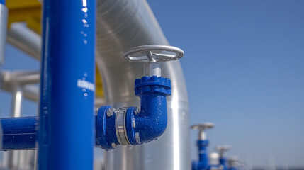 Large water treatment plant with advanced piping and valves under clear blue sky. infrastructure showcases modern engineering and efficient water management