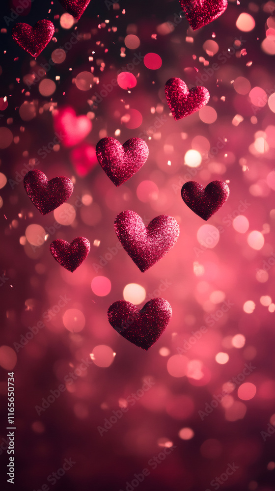 Poster red glitter hearts falling on a blurred pink background with bokeh effect, perfect for valentine's d