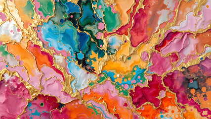 Colorful abstract painting oil and water complex complicated bright vivid colors beautiful opulent wealthy intricate all hues primary secondary and tertiary colors pink peridot sky blue lilac green ma