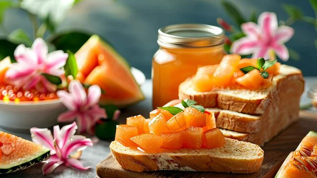 Jam and bread on the table. Selective focus. food.