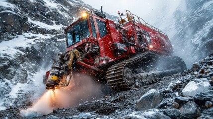 Red tracked vehicle in snowy mountain terrain, blasting rock face..