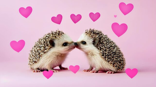 Adorable hedgehogs kissing with pink hearts on a cheerful pastel background, expressing love and affection