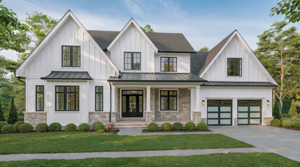 Fototapeta premium Modern White Farmhouse with Stone Accents and Two-Car Garage