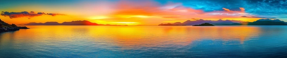 Gardinen A breathtaking scene of both sunrise and sunset appearing simultaneously over a tranquil sea, showcasing stunning details, high-definition photography, and perfect composition with master-level techni © ki