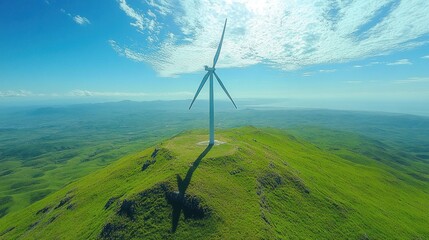 Wind turbine atop green hill, aerial view.