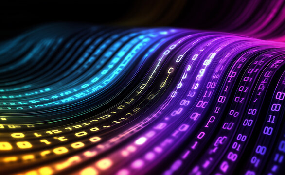 Flowing streams of glowing binary numbers in vibrant colors, symbolizing data, coding, and futuristic technology.
 - Powered by Adobe