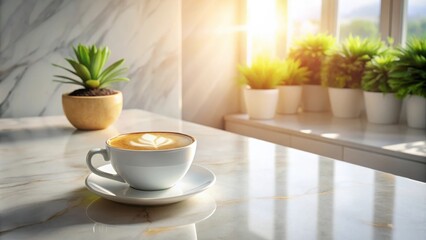 Fototapeta premium Morning Latte on a Marble Table with Sunlight Streaming Through Window
