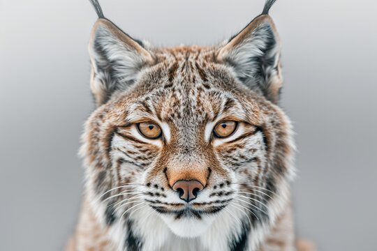 Close-up lynx face with intense gaze, blurred gray background 