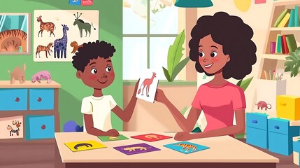 A woman and a child are sitting at a table with a variety of animal cards