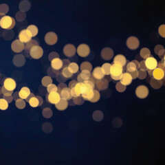 Abstract bokeh background with blurred white and yellow lights against a deep blue backdrop, creating a festive and dreamy atmosphere.