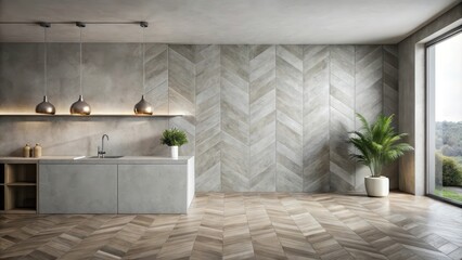 Obraz premium Modern kitchen design with herringbone flooring and concrete wall