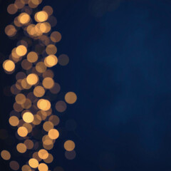 Abstract bokeh background with blurred white and yellow lights against a deep blue backdrop, creating a festive and dreamy atmosphere.