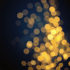 Abstract bokeh background with blurred white and yellow lights against a deep blue backdrop, creating a festive and dreamy atmosphere.