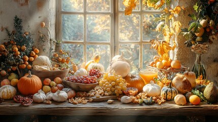 Autumn harvest abundance on rustic windowsill.