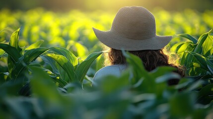 Woman in straw hat amidst sunlit cornfield.