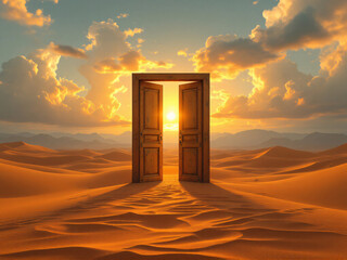 A wooden door stands alone amidst vast desert dunes, with distant mountains under a cloudy sky.
