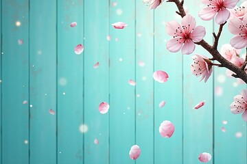 Fototapeta premium Delicate Sakura Blossoms on Turquoise Wooden Panels with Petals Falling - A Celebration of Japanese Spring and Beauty