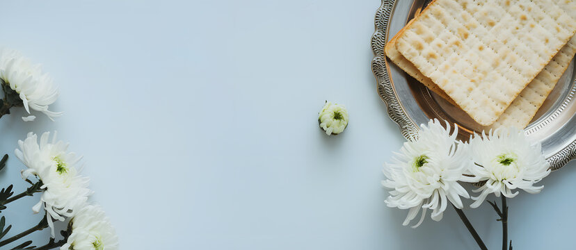 minimalistic composition of matzah bread and delicate white flowers, symbolizing purity and the essence of passover