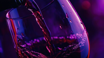 Red wine is poured into the glass from a bottle on a dark purple background