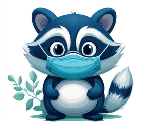 Fototapeta premium A cute cartoon raccoon wearing a blue face mask stands with a friendly expression, surrounded by green leaves.