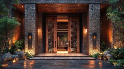 Luxurious entrance; stone, wood, ornate doors, lush landscaping.