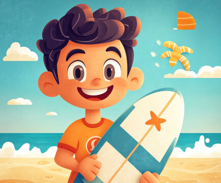 A cheerful boy holding a surfboard stands on a sunny beach with waves, clouds, and a parasail in the background.