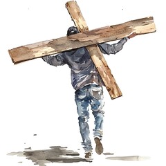 Watercolor painting of a person carrying a large wooden cross on their shoulders, walking away from the viewer.