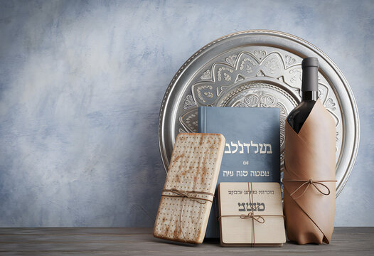 matzah bread with a silver seder plate and kosher food items, symbolizing passover preparation