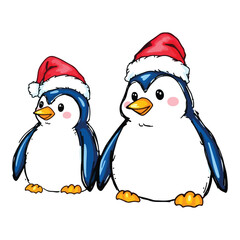 Cute Penguins wearing Santa Claus hat standing on white background flat design vector illustration