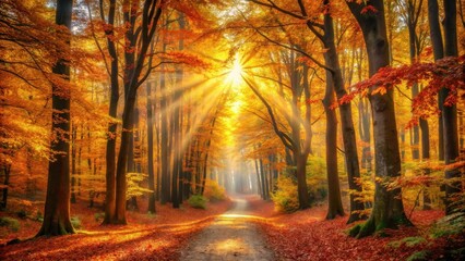 Golden rays of sunlight pierce through the canopy of a deciduous forest, illuminating a path lined with vibrant autumn foliage.