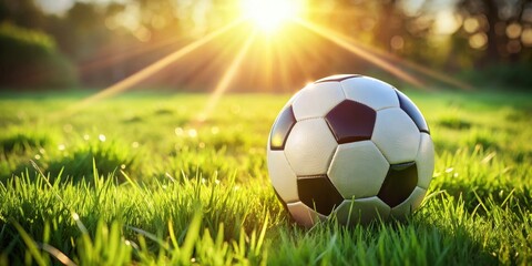 Fototapeta premium A soccer ball rests on a field of green grass with the sun shining brightly in the background.