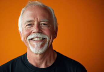 Obraz premium A happy senior man with a white beard and bright smile stands in front of a vivid orange backdrop, radiating positivity and warmth in a relaxed setting.
