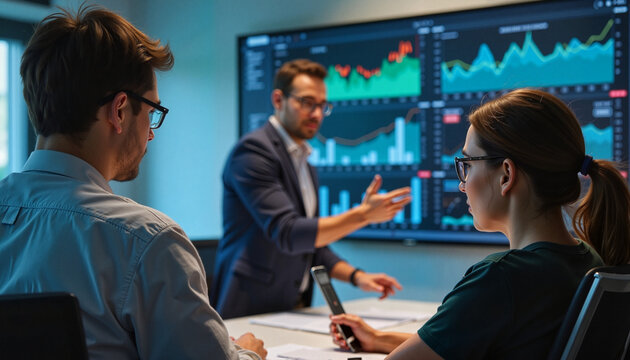 Economics teacher explaining financial data in classroom, educational growth