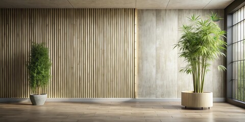 Serene minimalist room interior design with wooden wall accents and potted plants