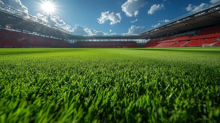 Fototapeta premium Lush green soccer field at a modern stadium under a bright sunny sky.