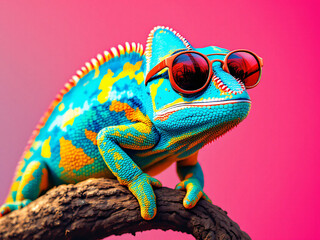 A vibrant chameleon wearing red sunglasses, showcasing a blend of orange, green, and yellow scales.