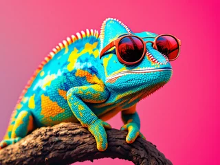 Fotobehang A vibrant chameleon wearing red sunglasses, showcasing a blend of orange, green, and yellow scales. © Zilvinas