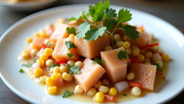A colorful platter of Peruvian ceviche with fresh fish, lime juice, and corn kernels