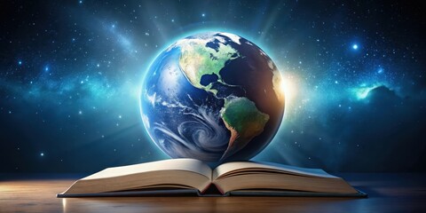 A glowing Earth rests atop an open book, illuminated by cosmic rays in a dark, starlit sky.