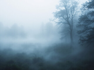 Obraz premium Misty forest scene with tall trees fading into a thick, ethereal fog, creating a serene atmosphere.