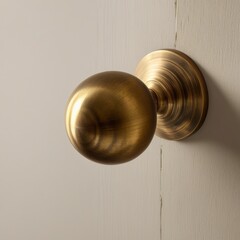A classic, round door knob with a polished brass finish, mounted on a white door.
