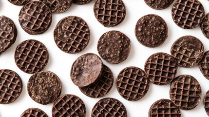 Close-up of chocolate waffle segments with a rich, dark tone, arranged in an aesthetic